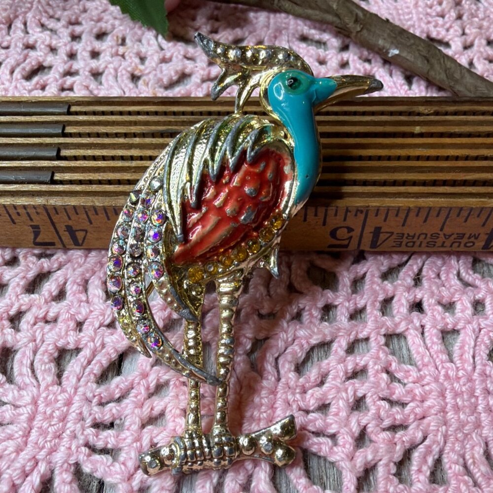 Enamel & Rhinestone Tall BIRD Brooch Pin granny core VTG Heron